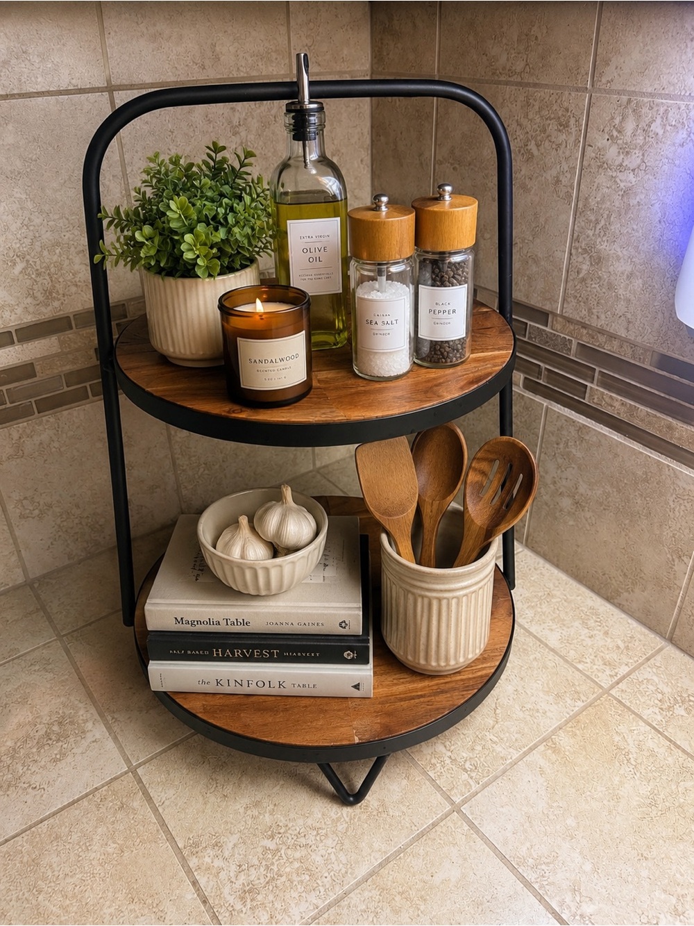 Two-Tier Wood and Black Metal Corner Shelf with Rustic Kitchen Accents